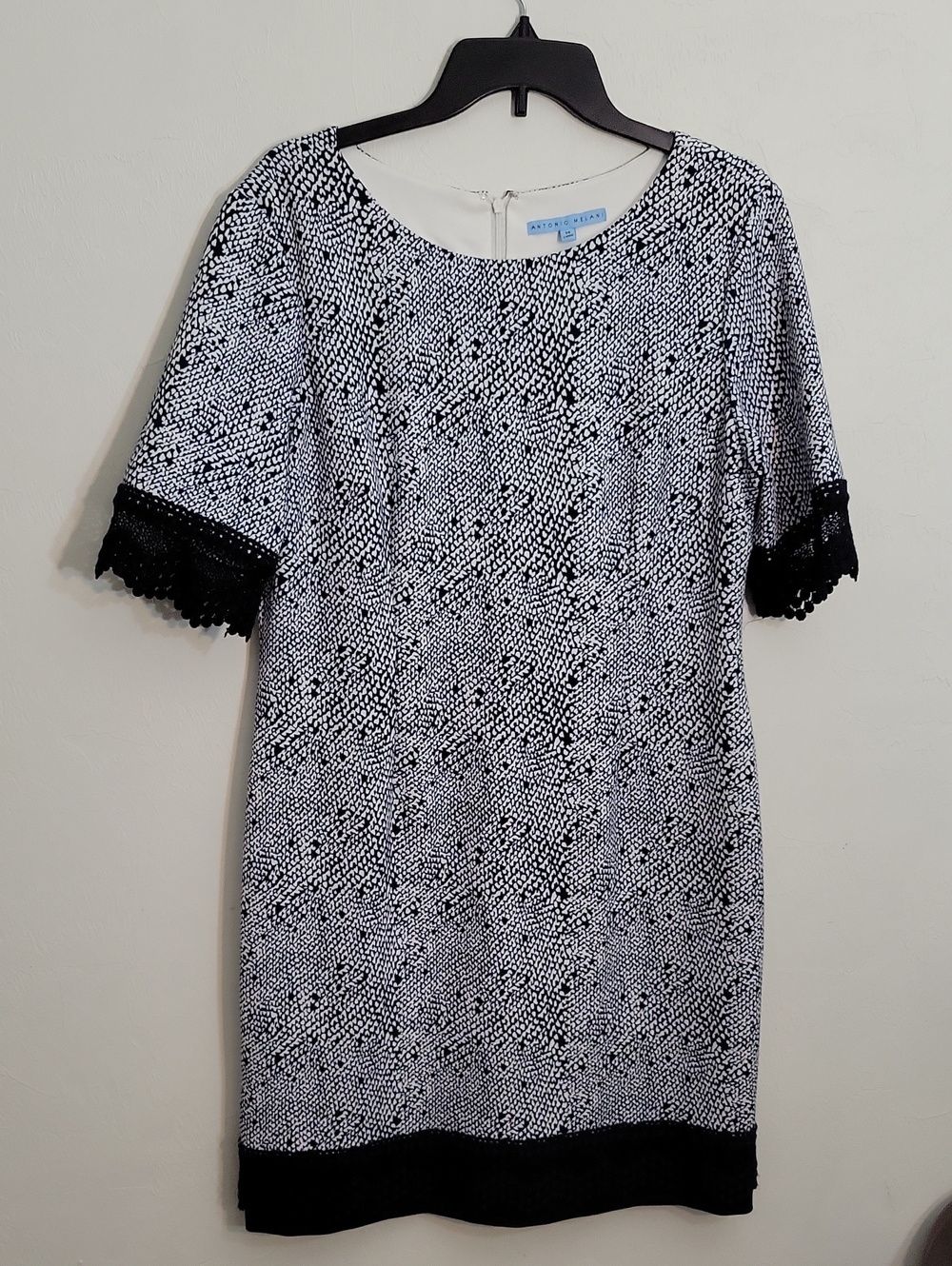 ANTONIO MELANI Navy and White Printed Midi Dress with Lace Sleeves